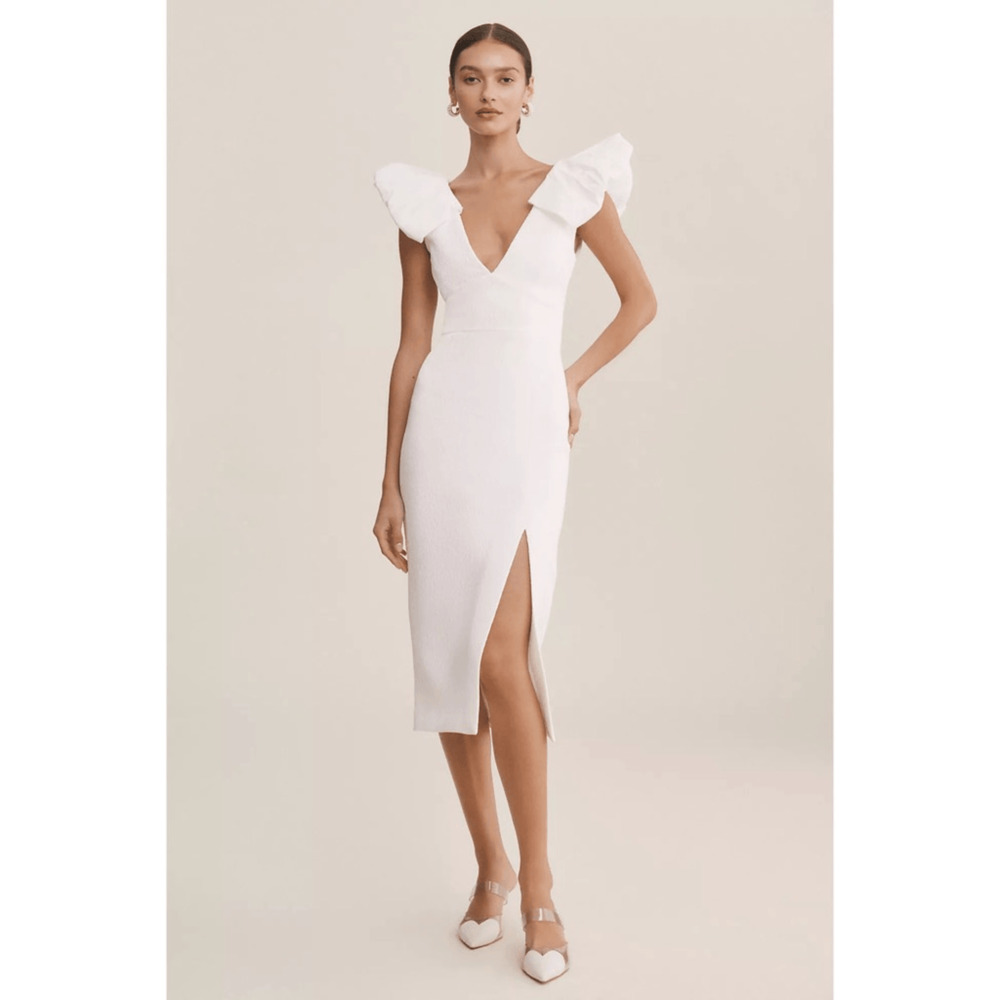 Rebecca Vallance Puff Sleeve V Neck Midi Dress White Size 10 Quiet Luxury